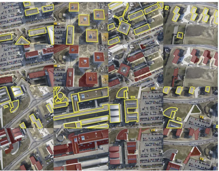 Fig. 10 Rooftop detection. Detected rooftops are highlighted in red, ground-truth rooftop annotations are shown in yellow