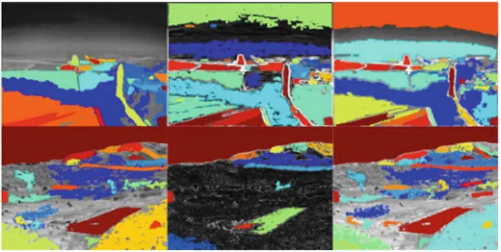 Fig. 3 Combined feature representation. Component tree segmenta- segmenta-tion applied to the (left) intensity image, (middle) gradient image, and (right) a combined intensity and gradient representation