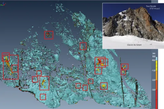 Fig. 4 Comparison of the 3D models of July 2005 and September 2009 of the east face of the Tour Ronde and location of the 19 identified rockfalls (1 to 224 m 3 ) between the two dates