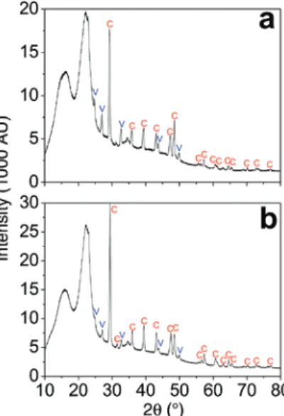 Figure 4 shows confocal Raman microscopic map- map-pings of CaCO 3 /wood composites. Vertex component  analysis (VCA) is a powerful multivariate method which  allows for discerning the polymeric wood cell wall  com-ponents and different CaCO 3  mineral pol