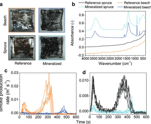 Figure 7: (a) Photographs of char residues of unmodified (orange) and mineralized beech (blue) (a), pristine (black) and modified spruce (tur- (tur-quoise) after combustion