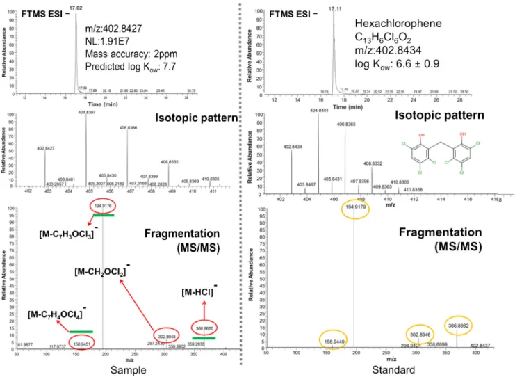 Fig. 4 Chromatogram, isotopic pattern, and MS/MS fragmentation used for the identification of the disinfectant hexachlorophene