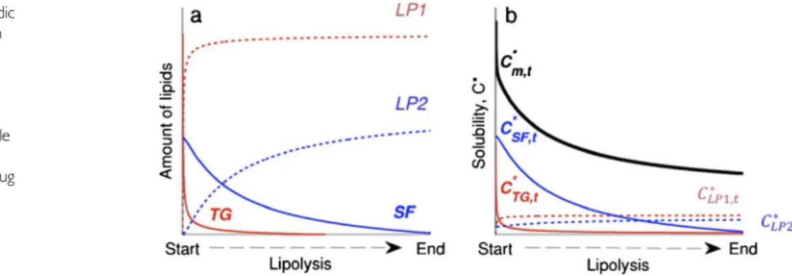 Fig. 2 Time evolution of (a) lipidic species and (b) drug solubilities in the lipolysis medium during LBF digestion (assuming no LPs absorption)