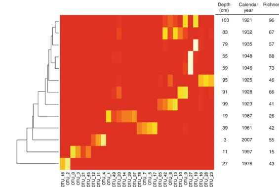 Fig. 4 Heatmap of the most dominant phylotypes obtained from spo0A sequences ( [ 40 sequences per OTU) with clustering of samples from different depths according to similarities in community structure (OTU presence and abundance in the vertical axis).