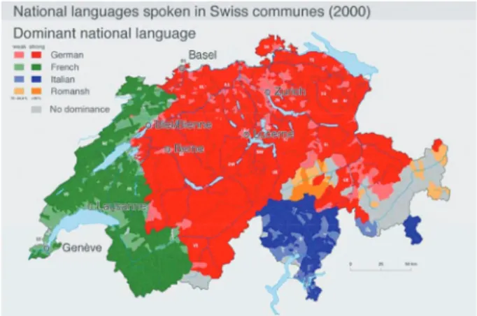 Figure 1: National languages spoken in Swiss communes (©SFO, ThemaKart 2013).