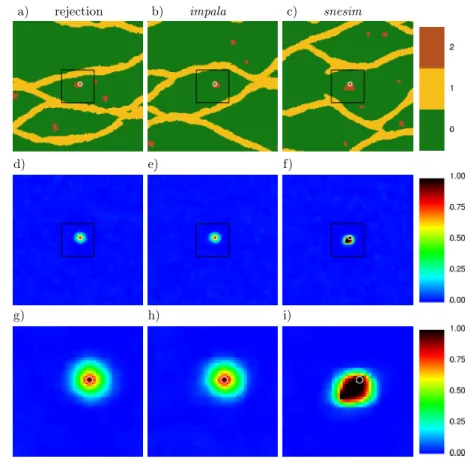 Fig. 7 Results for the situation with one hard datum of value 2 (small structure) located as shown in the top row of Fig