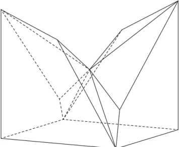 Fig. 6: Half-cube obtained with symmetry G  =  3̅m, H  =  3m, t is the  inversion 1̅. The cuts are defined by six of the twelve edges of an  octahedron inscribed in the cube