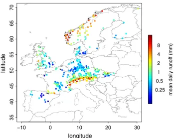 Fig. 1 Locations of catchments considered in this study shown through colored dots. The color-coding refers to the mean runoff.