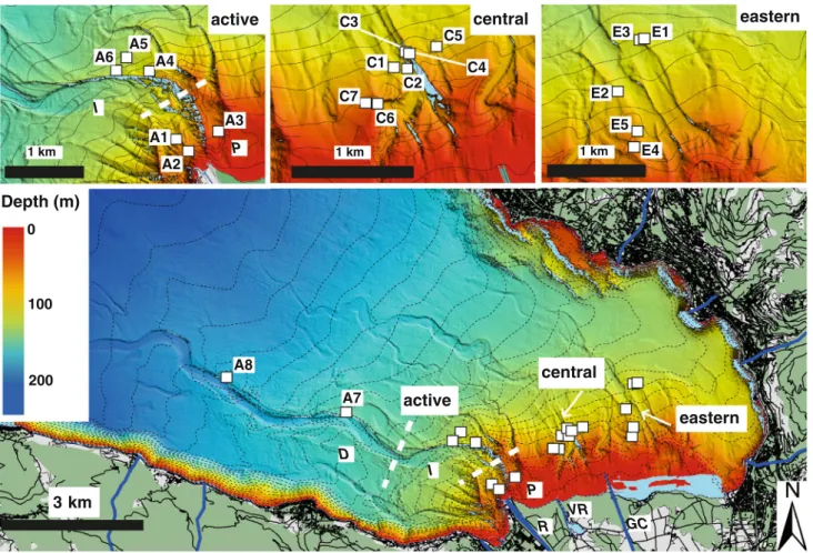 Fig. 1 Shaded relief map of active, central and eastern canyons of the Rhone delta in Lake Geneva (map adapted from Sastre et al