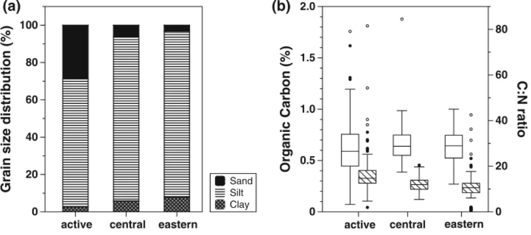 Fig. 3 a Porewater CH 4 profiles on proximal levee sites A6, C4, and E5 in the active, central and eastern canyons, respectively (see Fig