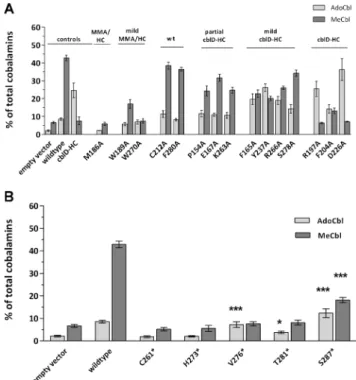 Fig. 3 AdoCbl (light grey) and MeCbl (dark grey) synthesis in (a) missense and (b) C-terminal truncating mutations