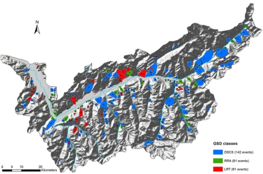 Fig. 2 Gravitational slope deformations (GSD) inventoried along the Swiss Rhone Valley