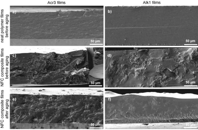 Fig. 4 Stress–strain diagrams of composite films with 2.5 wt% NFC (dashed line) and neat polymer films (straight line); curves are offset with