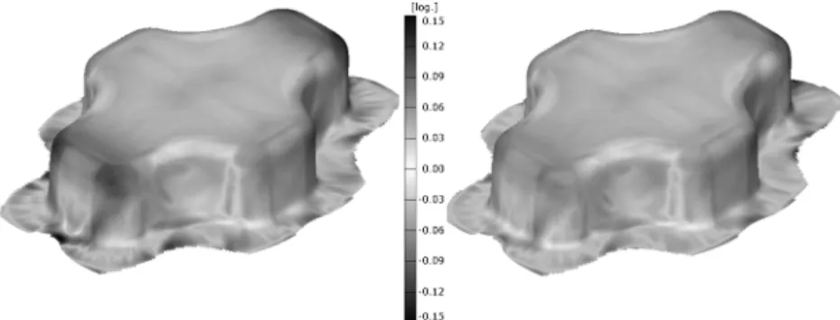 Fig. 20 Difference between measured and simulated minor strain for Formalex™5x computed with standard (left) and modified (right) version of Yld2000-2d