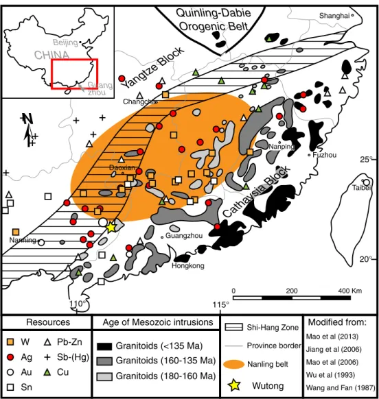 Fig. 1 Regional geologic map of the South China Block (SCB) showing the location of major geologic features and major ore deposits, as well as the