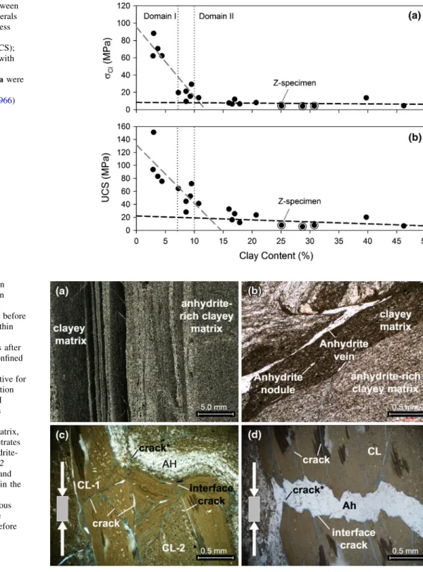 Fig. 8 Results of the thin section analyses. The thin sections in a and b were prepared from specimens before mechanical testing