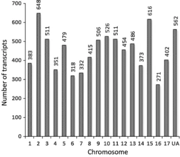 Fig. 5   Chromosomal distribution of the 8,144 novel transcripts. UA  unanchored in the apple genome