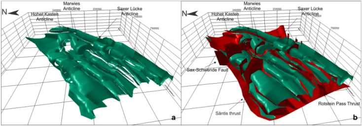 Fig. 7 Oblique view of the Schrattenkalk top surface, looking towards E, with (a) and without (b) faults