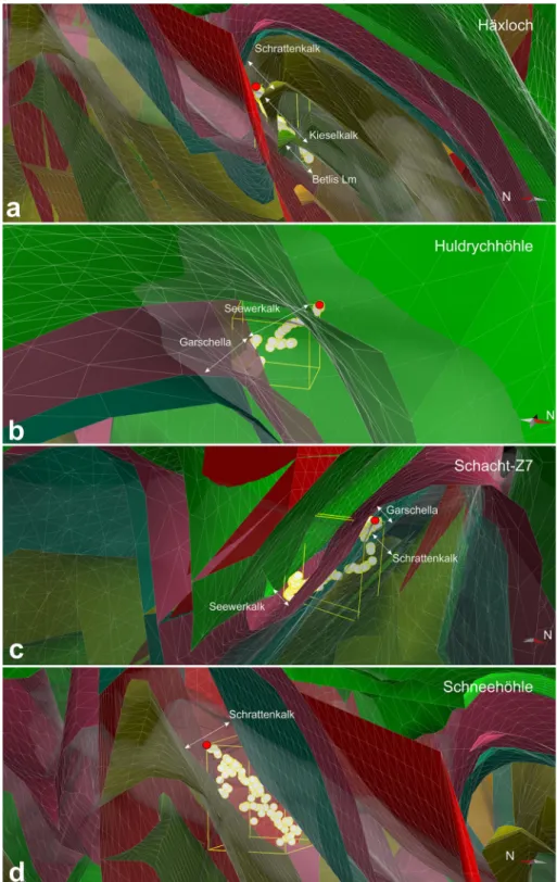 Fig. 11 3D oblique views of caves and their intersection with modeled lithological interfaces.
