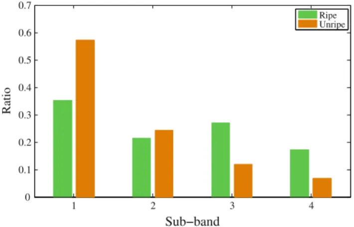 Figure 7 shows a comparison of the time-frequency representation of ripe and unripe watermelon thumping