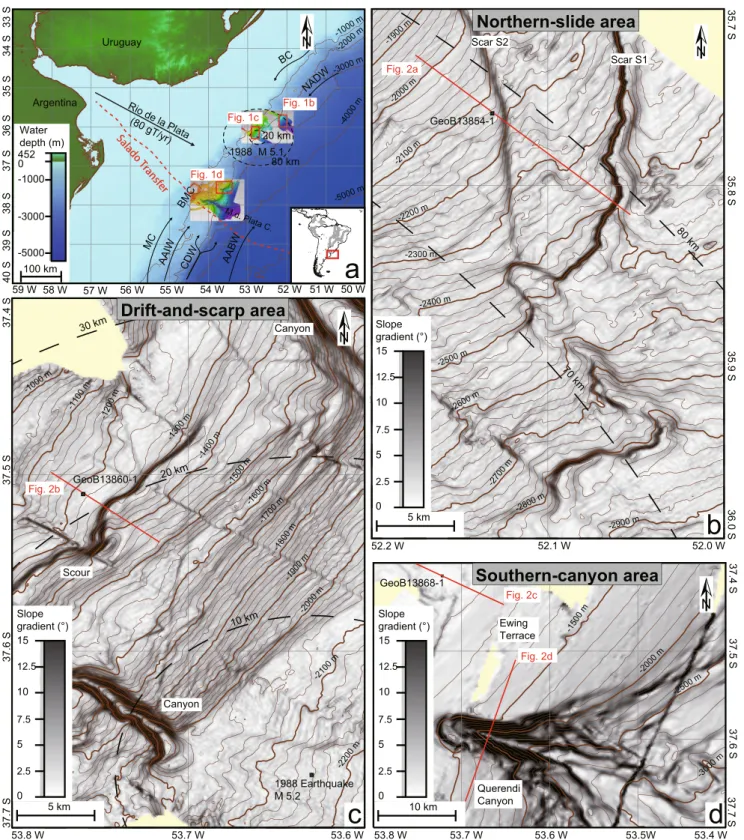 Fig. 1 a Map showing the location of the study area and the oceanograph- oceanograph-ic setting along the Uruguayan and northern Argentinean margin (modified after Krastel et al