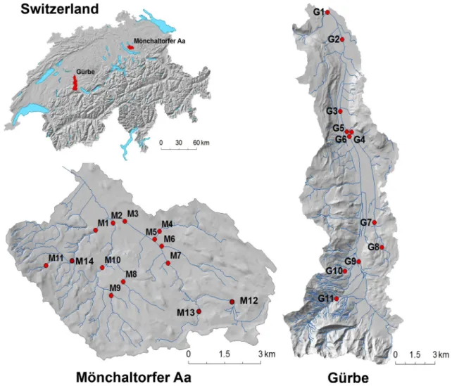 Fig. 1 Map of the two study catchments (Gu¨rbe, Mo¨nchaltorfer Aa) in Switzerland (catchments in red) with site locations shown