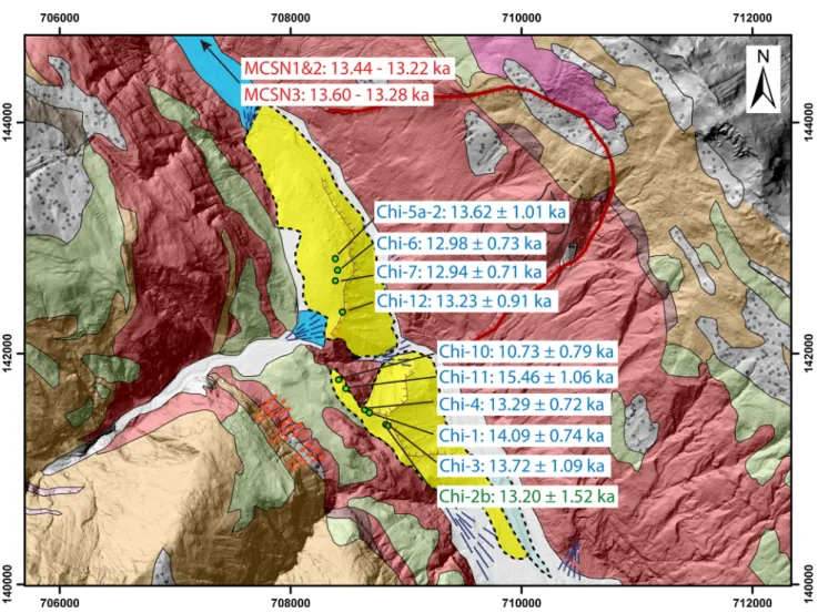 Fig. 12 Summary of all the ages obtained from the landslide deposits by Chironico, Valle Leventina, superimposed on the geological- geological-geomorphological map (Fig
