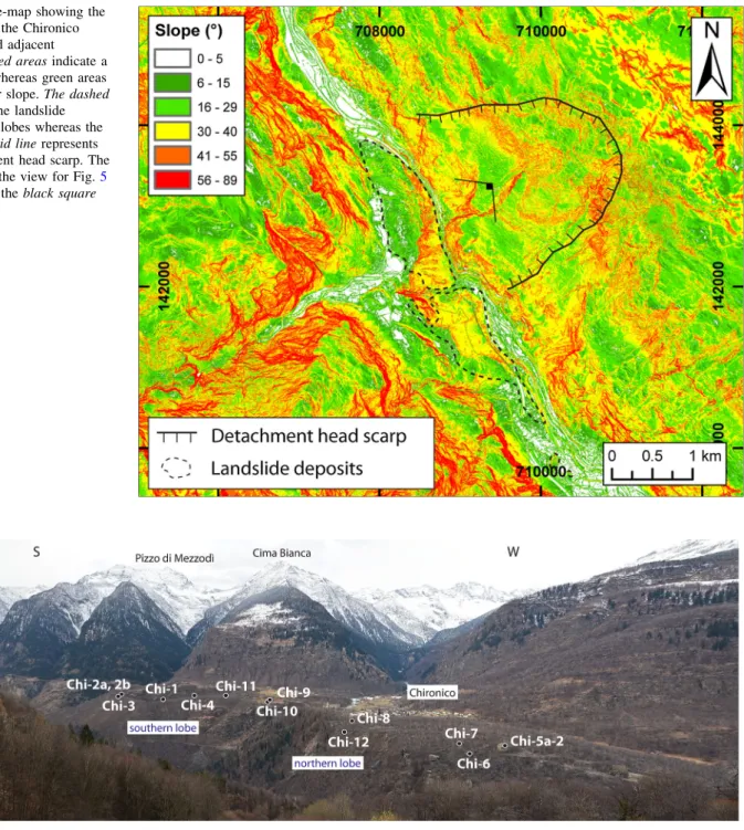 Fig. 5 Photograph panorama of the Chironico landslide deposits, with the sampling sites, looking SW from viewpoint indicated on Fig