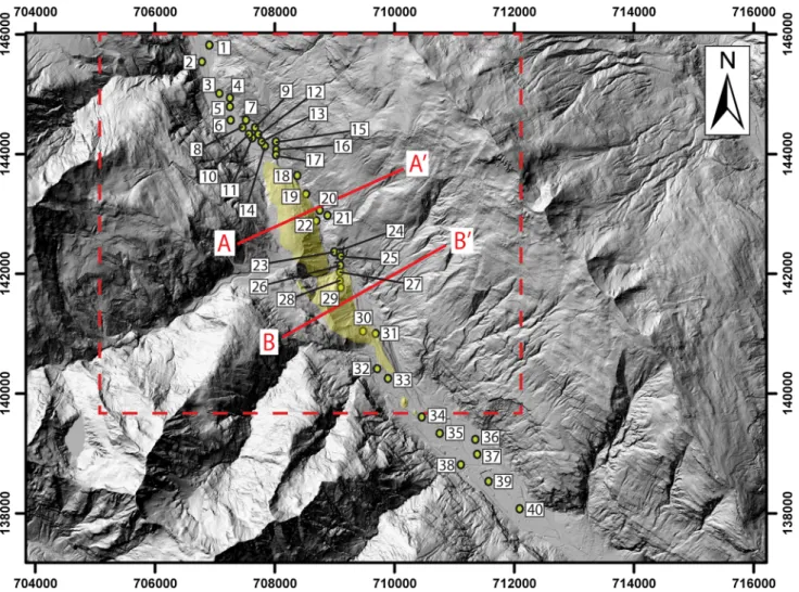 Fig. 7 Locations of the cores within the study area in the Valle Leventina (the coordinates of the sites and the original core names are listed in Online Resource 1)