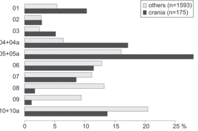 Abb. 10: Anzahl der in den Plänen der Schichten dargestellten Schädel und aller Knochen (nach Wurm et al