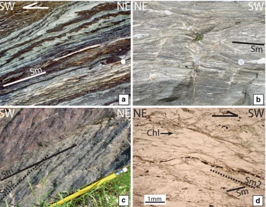 Fig. 2 Extensional low-angle detachment system. a Older high grade Simplon mylonites (Sm) in Mesozoic calcschists and marbles, with top-to-SW shear sense, Sion-Courmayeur Zone, footwall (645001/