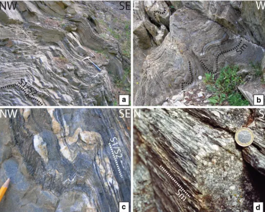 Fig. 3 Extension-parallel folds in the Northern Steep Belt (D 4 backfolds). D 4 open parasitic folds folding the pre-existent regional S 1 /S 2 fabric (a) and the older Simplon mylonitic foliation Sm (b);