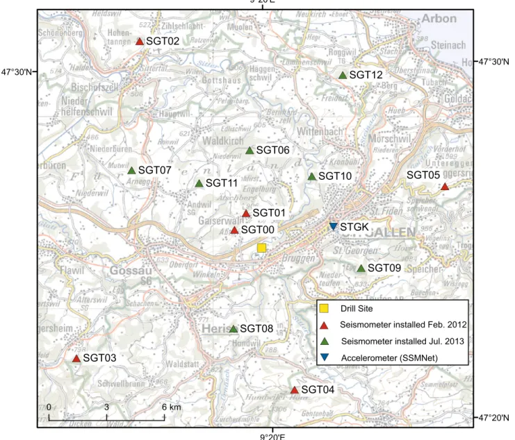 Fig. 2 Station array for monitoring seismicity related to the St.