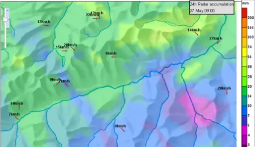 Fig. 8 Screenshot of a map generated in GIN, showing the relief and the river layer, overlapped with information about wind speed, wind direction, gust peak and precipitation radar data