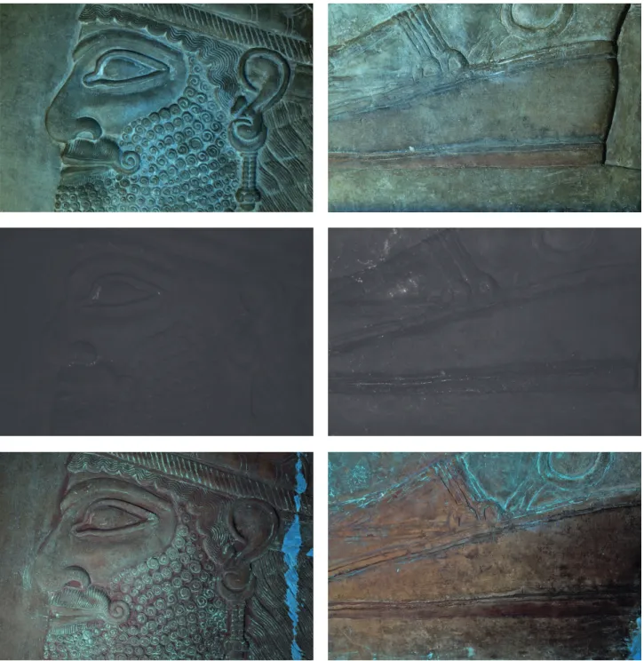 Fig. J3: Detail of the foot of the human-headed genius beside   sacred tree (1854.1): Visible light photography, VIL infrared image,  and UV-induced visible fluorescence image