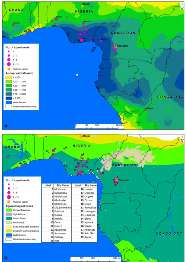 Fig. 1 Location and numbers of experiments with yield data in West and Central Africa and distinguished by a annual precipitation and b agroecozone.
