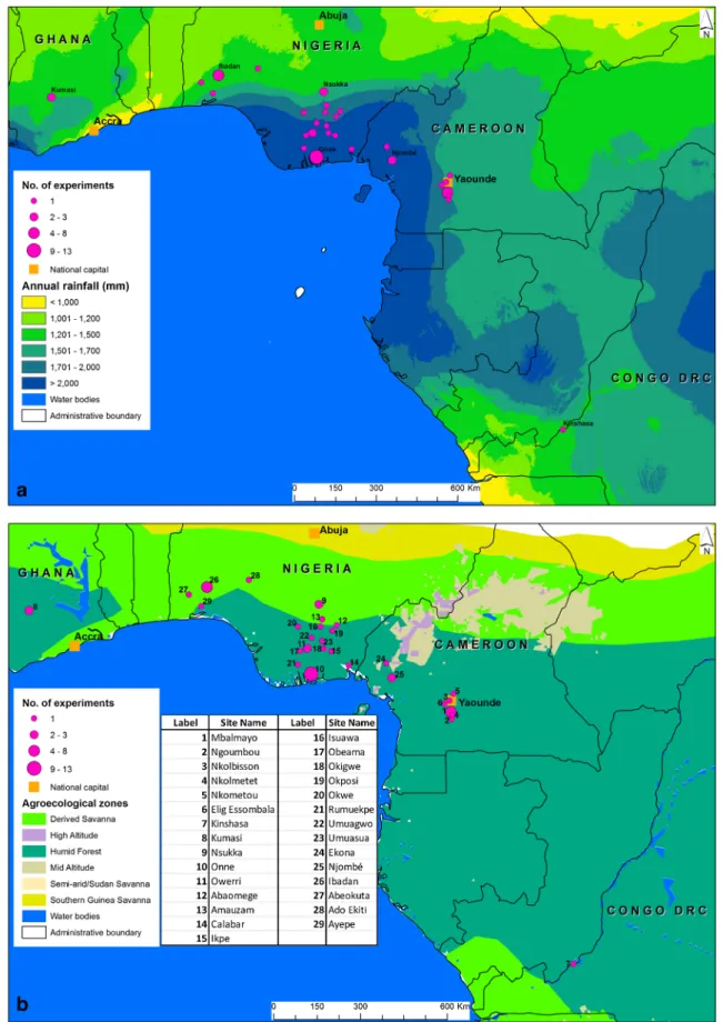 Fig. 1 Location and numbers of experiments with yield data in West and Central Africa and distinguished by a annual precipitation and b agroecozone.