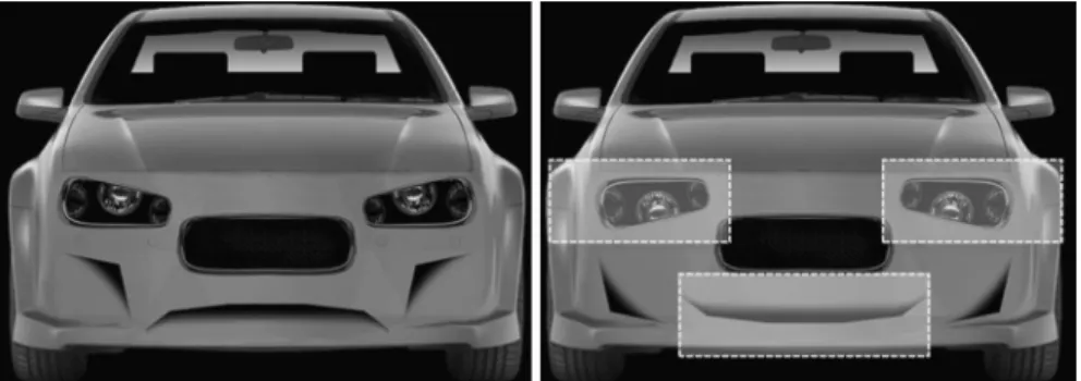 Fig. 1 Example stimuli. Left Car front with the threatening variants for headlights, lower air vent and side air vents