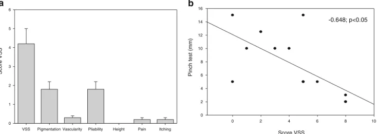 Fig. 3 a VSS and subgroups, b regression analysis shows a significant negative correlation between VSS and pinch test score
