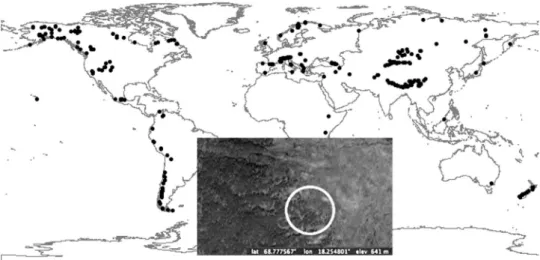 Fig. 4 Location of the 376 treeline sites across the globe used for model parameterization (inset showing an example of a boreal treeline site)