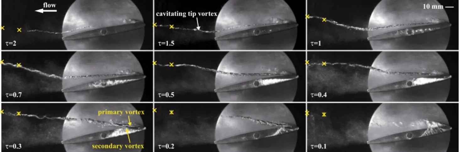 Fig. 5   Snapshots of the cavitating TLV generated by a NACA0009  for different gap widths