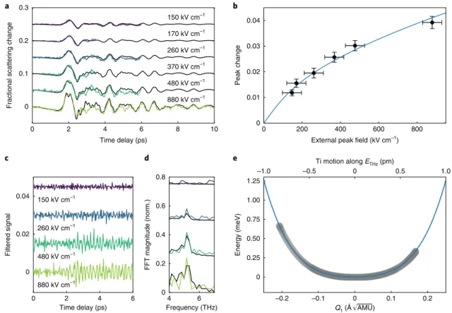 Fig. 4 | Terahertz field-dependent data and model calculations. a, Time-resolved change in X-ray scattering intensity for several terahertz pulse peak  electric field values