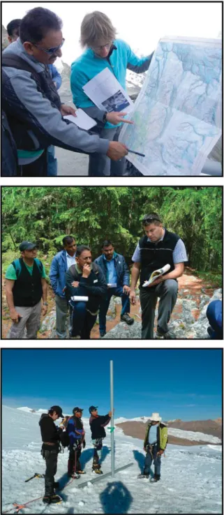 Figure 4. Indian and Swiss scientists discuss impacts of climate change in the Swiss Alps during an exchange visit under IHCAP hosted in Switzerland, June 2015 (top and middle)