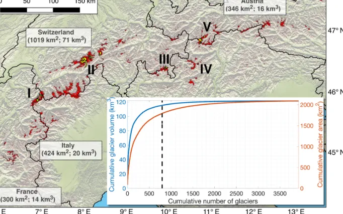 Figure 1. Distribution of glaciers (red areas) in the European Alps. Outlines correspond to the glacier geometries at the Randolph Glacier Inventory (RGI v6.0) date (typically 2003) (Paul et al., 2011; RGI Consortium, 2017)