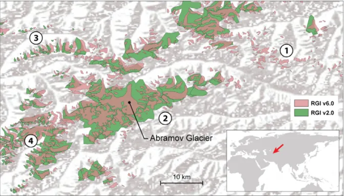 Figure S 6: Example for glacier outline changes between RGI version 2.0 (used by Huss and Farinotti, 2012) and RGI version 6.0 (used in this study)