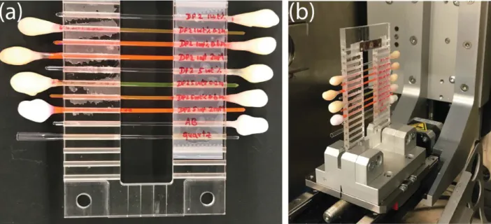 Figure S10.  SAXS measurement set-up for quartz capillaries filled with DP2 (1 wt% and 5 wt%)  with 0.2 mM, 0.6 mM and 2 mM dye solution (a) loaded in the measurement set-up (b).