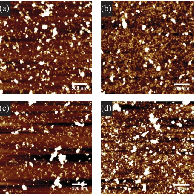 Figure S6.  AFM height images of mica substrates immersed into solutions of DP4 (50 mg L -1  in  acetate buffer, pH = 4), adjusted with NaCl to ionic strengths of a) 20 mM, b) 50 mM, c) 100 mM,  d) 200 mM.