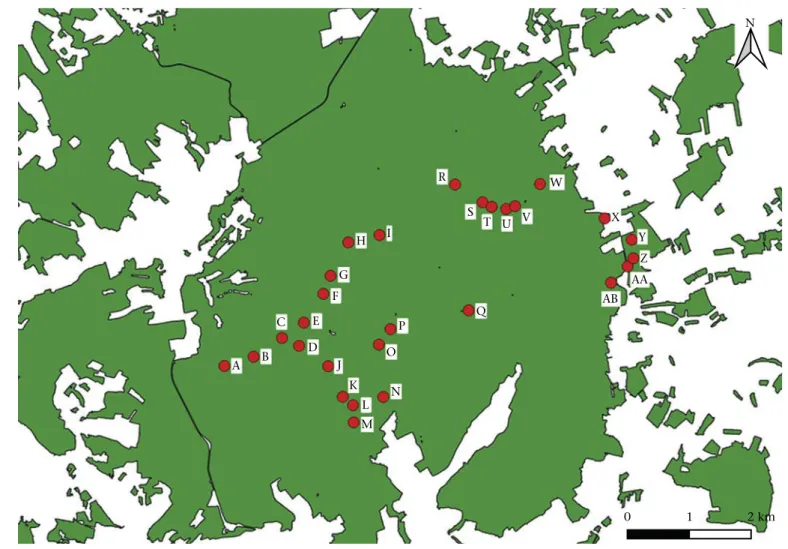 Figure 1. Map of the study area, showing the location (red dots) of the 28 breeding patches (i.e