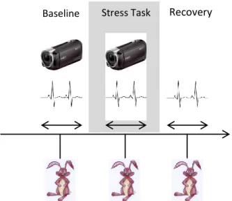 Figure 2. Assessment time points of emotional responses (experienced (using the Picture Stress  Test) and facially expressed (using video recording)) and physiological responses (HRV measures)  be-fore (baseline), during the stress task (stress task) and a