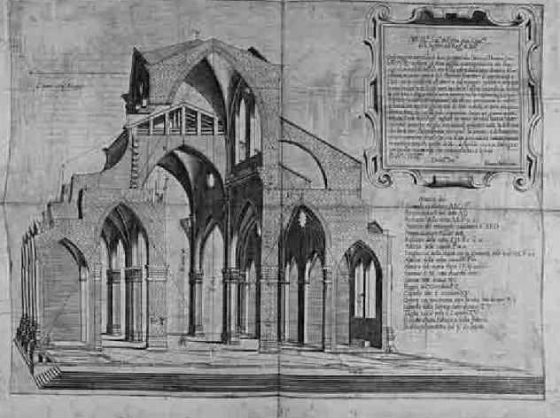 Fig. 4 – Basilica di San Petronio. Incisione di Floriano Ambrosini con i due progetti di Terribilia e Carracci (1592)